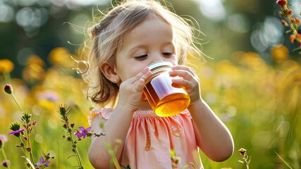 a small child eats honey in a field of flowers - Powered by Adobe