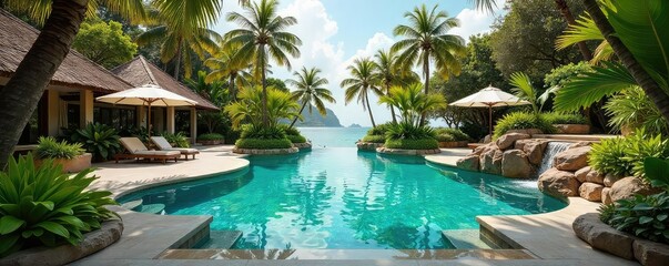 Luxurious resort swimming pool seamlessly integrated into a lush tropical landscape Sun-drenched decks, vibrant greenery, and cascading water features create an idyllic oasis , deck, tiles