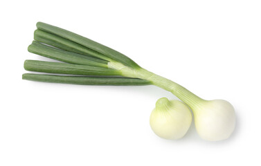 Fresh ripe onions isolated on white, top view