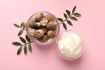 Natural shea butter on pink background, flat lay