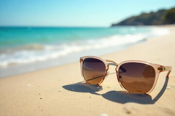 Relaxing beach scene with sunglasses resting on the sand, gentle waves lapping the shore, bright sunny day, perfect summer vibe , sunny day, luxury
