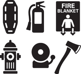 Black and White Silhouette Icons of Firefighting and Rescue Tools – SCBA, Axe, Extinguisher, Rescue basket
,Fire extinguisher, Fire blanket, Breathing apparatus ,Fire bell, Essential Fire Safety