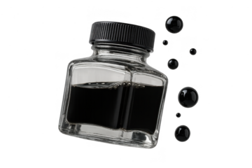 Glass ink bottle filled with black ink isolated on transparent background.