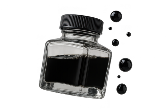 Glass ink bottle filled with black ink isolated on transparent background.