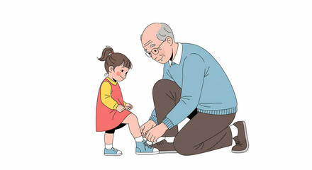 Grandfather Tying Granddaughter's Shoe Laces