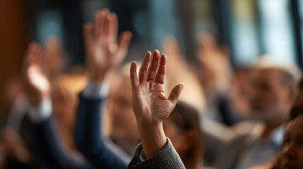 A politician addressing community issues during a town hall meeting with local residents raising hands for questions.
