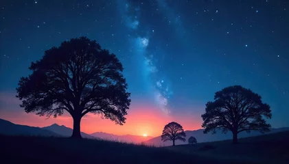 Poster Silhouetted trees against a starlit sky, a sense of mystery and quiet contemplation pervades the scene Perfect for themes of introspection, peace, and the magic of the night , darkness, ethereal