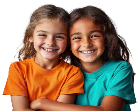 Two Happy Girls With Diverse Haircolors Smiling Joyfully Together in Brightly Colored T-Shirts Against a Light Background - Powered by Adobe
