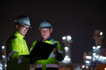 Industrial engineer night inspection at refinery or petrochemical plant walkie-talkie hand and...