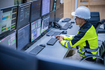 Engineer working at control room, Manager control system, Technician man monitoring program from a...