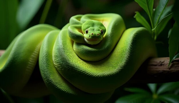 A detailed close-up of a green serpent with defined scale texture, coiled within a humid jungle environment.