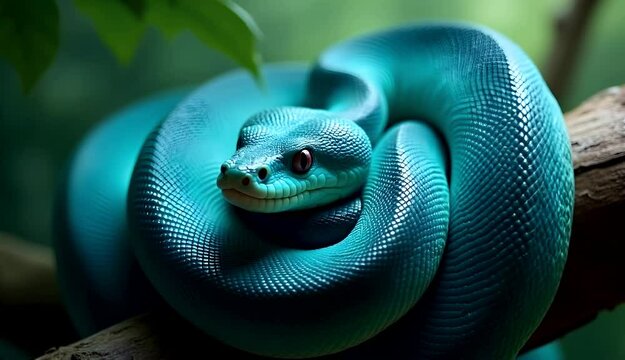 A smooth pan reveals a turquoise snake tightly coiled on a tree branch in the heart of a vibrant forest.