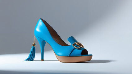Naklejka premium Blue peeptoe heel with a gold buckle tassel is on a pale gray surface