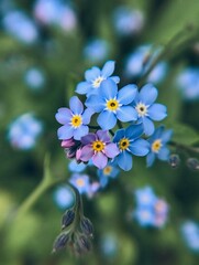 Close-up of delicate blue forget-me-not flowers blooming in a garden setting, soft focus background