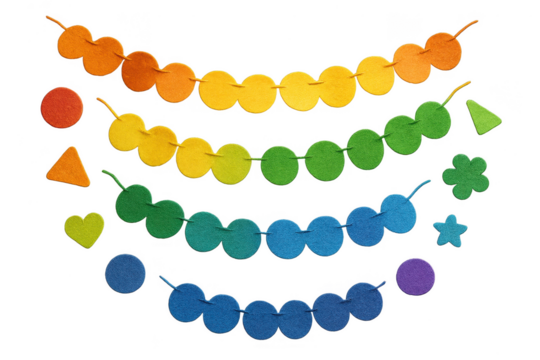 Colorful felt rainbow garland isolated on transparent background, decorative design