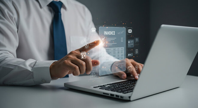 Businessman using laptop to manage online invoices and digital financial documents with futuristic interface representing business and technology.