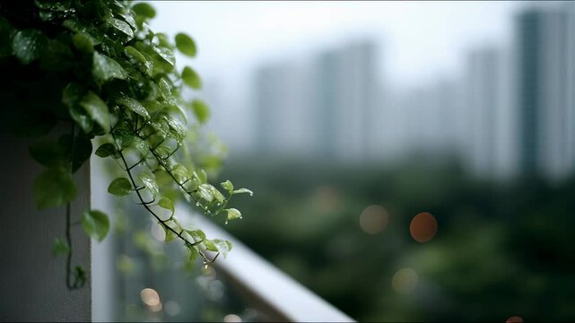 Rainwater drips from lush green leaves on a balcony overlooking a modern city skyline at dusk