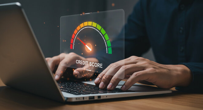 Person assessing credit score with laptop showing financial meter digital interface technology and personal finance concept