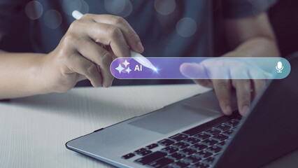 A user is typing on a laptop with a virtual search bar overlay, symbolizing the concept of AI-powered search. This image is ideal for topics related to artificial intelligence, digital research,