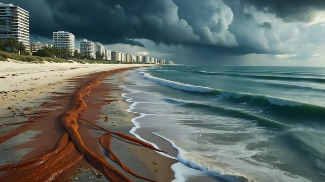 Storm Clouds Rolling Over Coastal City with Red Algae Bloom on Sandy Beach and Turbulent Ocean Waves Approaching the Shoreline

