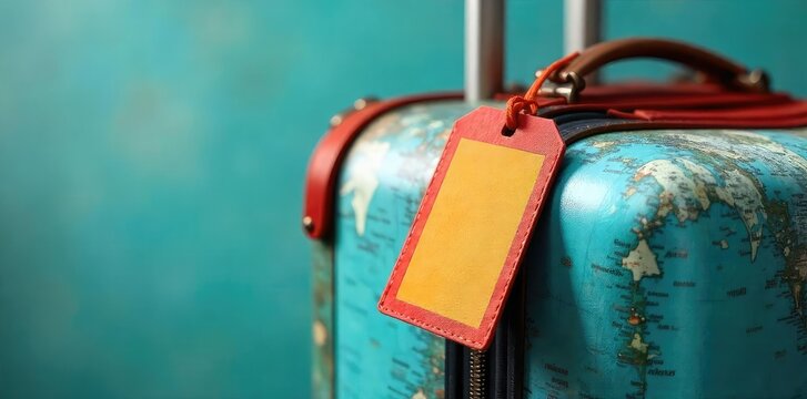 A brightly colored luggage tag with a playful design hangs from a vintage suitcase handle, ready for travel adventures , floral, metal