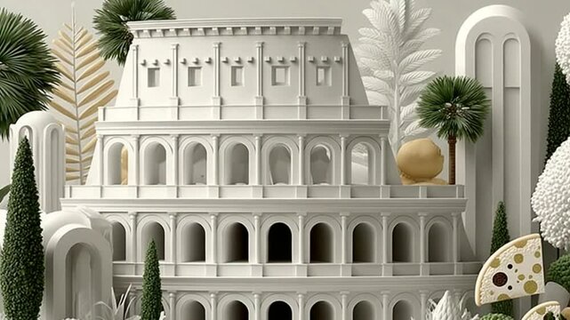 Architectural Marvels: White Colosseum and Tower of Babel Fusion with Natural Elements, Art