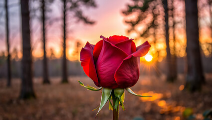 Fototapeta premium Sunset illuminates the garden, with red poppies and a single rose blossom in full bloom, embodying nature's romantic beauty