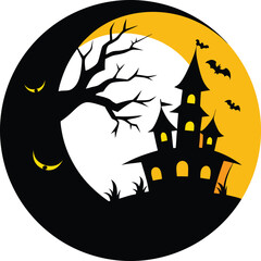 halloween moon with haunted house, tree and bats vector icon.
