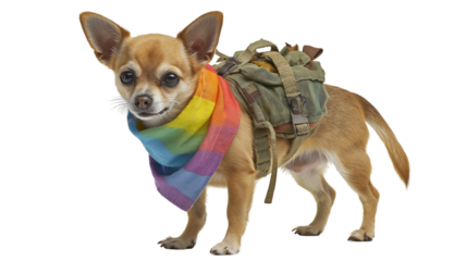 Chihuahua with rainbow bandana and tiny backpack, standing still, white background, isolated PNG