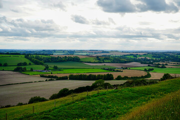 Views over patchwork farm fields in the United Kingdom