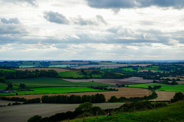 Views over patchwork farm fields in the United Kingdom