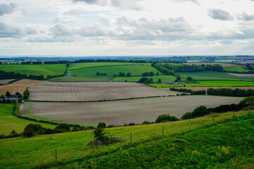 Views over patchwork farm fields in the United Kingdom