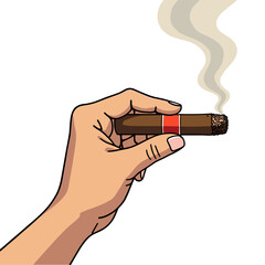 Illustration of a Hand Holding a Lit Cigar with Smoke Emanating Upwards, Isolated on White Background