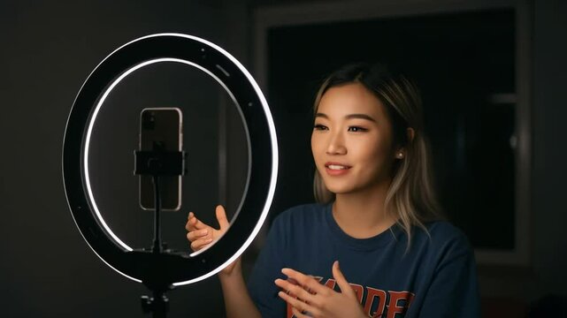 Happy asian woman recording video for social media using ring light and smartphone.