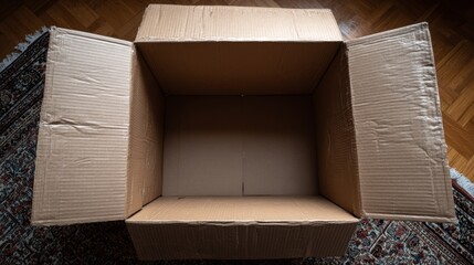 Open empty cardboard box on patterned rug with wooden floor background