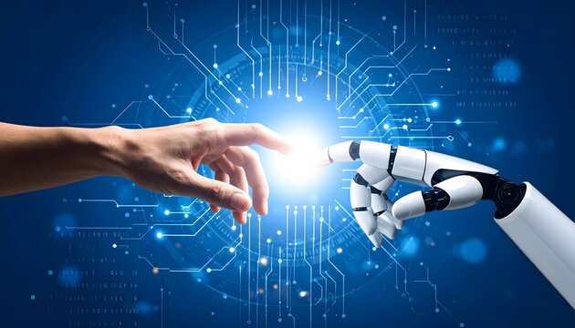 Human and Robot Hands Touching on a Futuristic Circuit Board Background