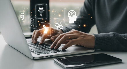 Person typing on a laptop with digital icons representing online education and knowledge acquisition for business and personal development