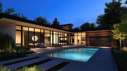 Fototapeta premium Backyard view of a contemporary estate with illuminated pool, stylish garage, and minimal design