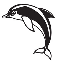 A black and white vector illustration of a playful dolphin leaping, showcasing its sleek body and distinctive markings.