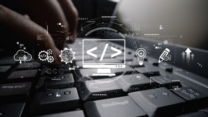 Modern web development concept featuring coding symbols, web development process, web development...