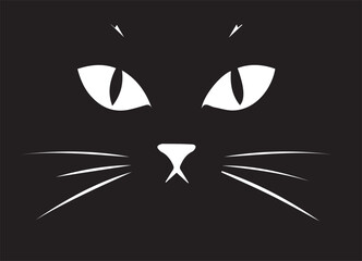 White vector illustration of a cat's face in the dark, showing glowing eyes, nose, and whiskers.