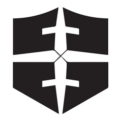 A black and white abstract vector shield with four stylized cross shapes forming a central pattern, suggesting protection and strength.