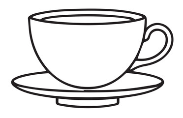 A simple black outline vector illustration of a teacup with a handle, resting on a matching saucer, on a white background.