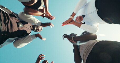 Below, applause and people with fitness, outdoor and support with exercise goals. Group,...