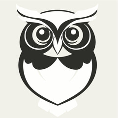 A stylized black and white vector illustration of an owl's face with large, round eyes and tufted ears, against a light background.