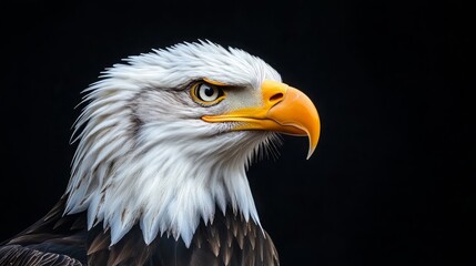 Obraz premium Portrait of a bald eagle head close-up on black background. Powerful bird in wild life