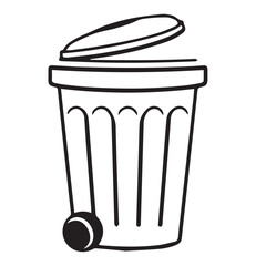 
A simple black and white vector outline of a wheeled garbage can with an open lid, symbolizing waste disposal.