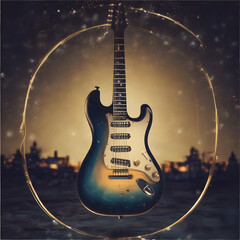 Electric guitar with blue and orange finish in artistic setting  