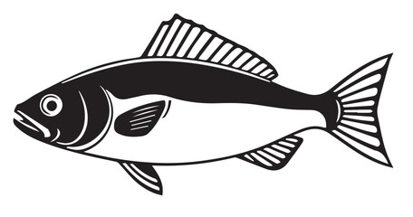 A black and white vector illustration of a fish with detailed fins and scales, swimming to the left.