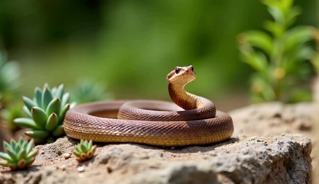 A brown serpent resting on a rock amid lush green vegetation in an outdoor setting.